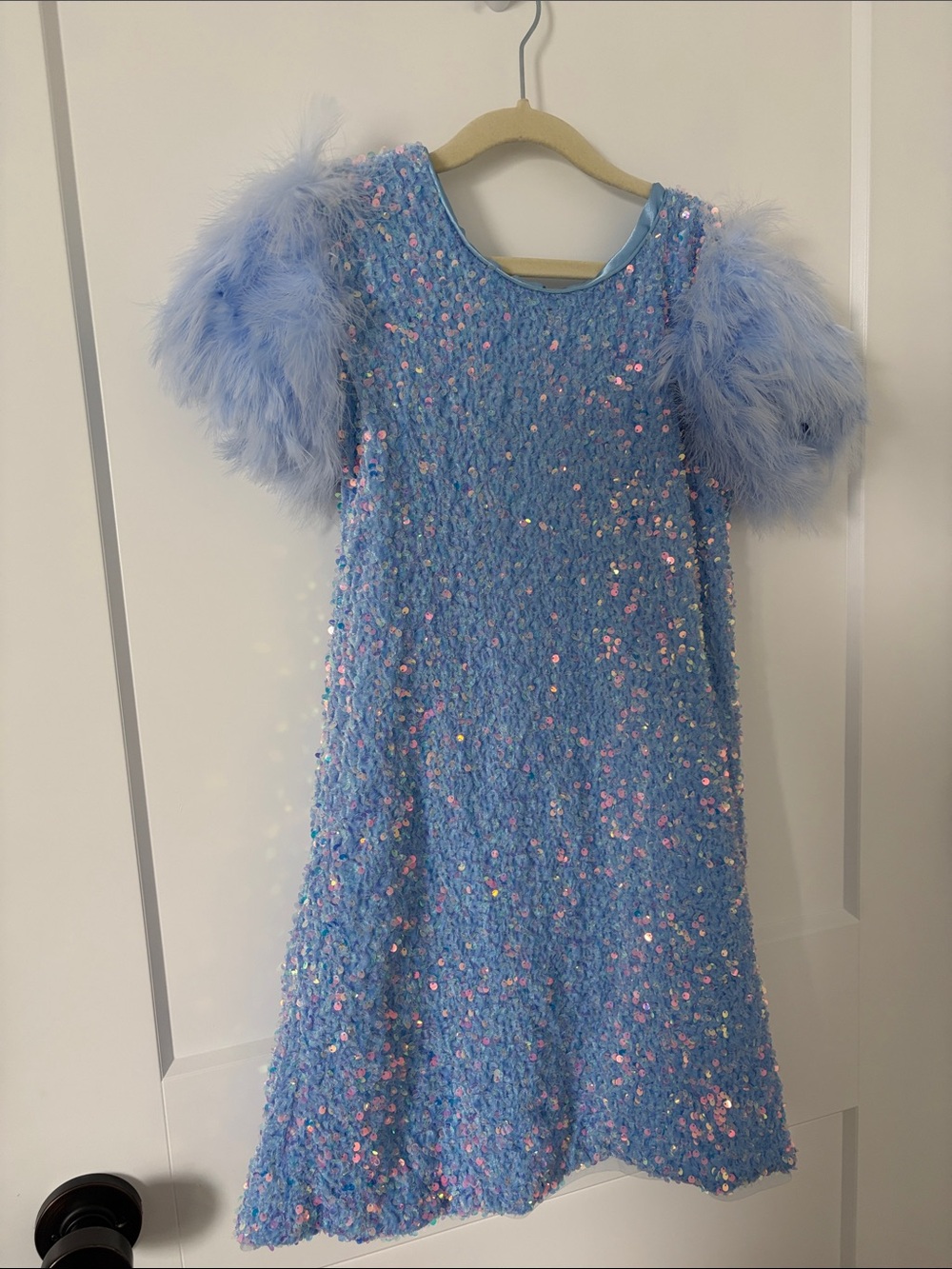 Lola + The Boys Light Blue Sequin Dress with Feather Puff Sleeves